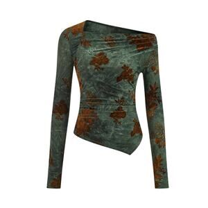 Commense One Shoulder Floral Mesh Top Forest Green Brown XL NWT Modern Romantic